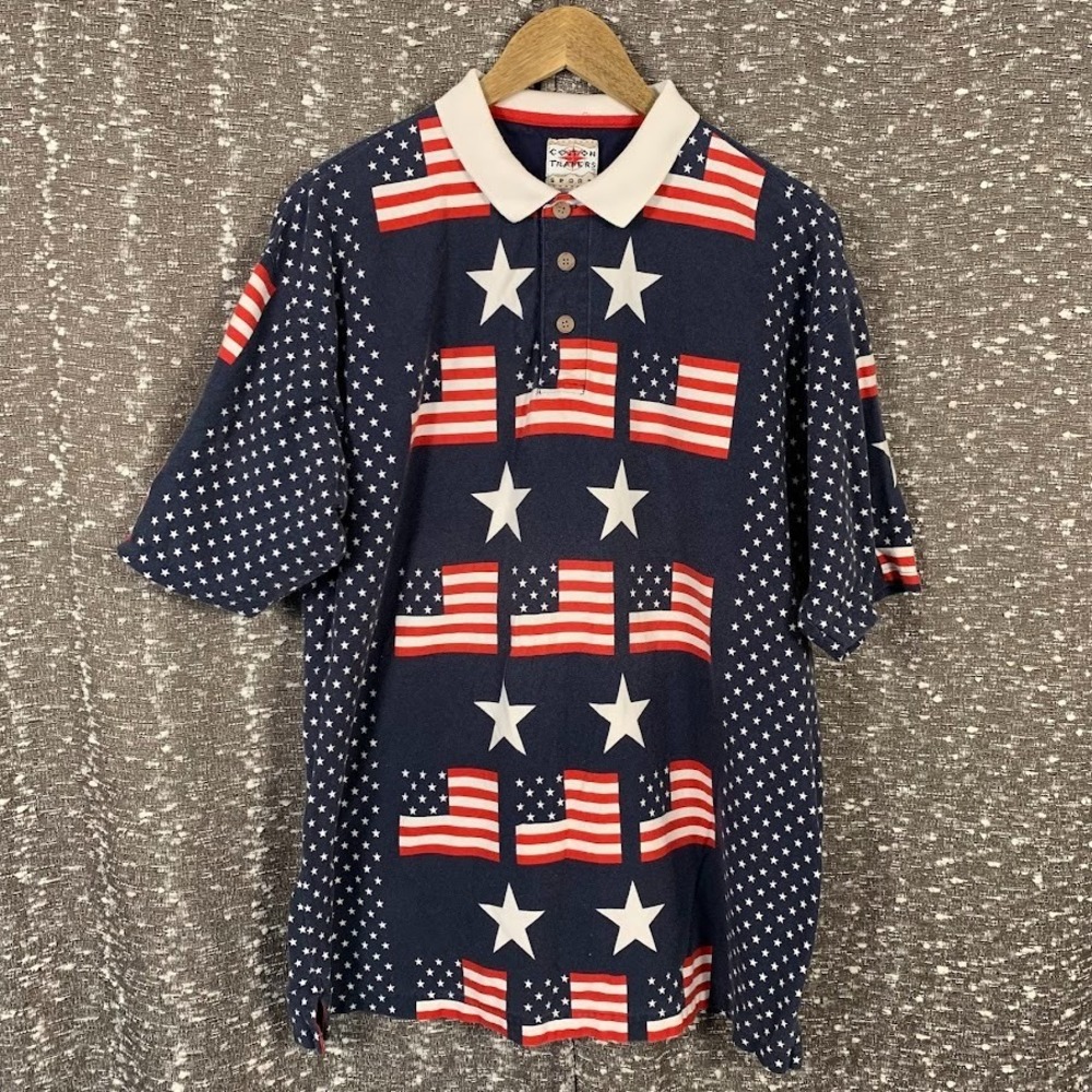 Vintage Cotton Traders‎ American Flags Stars Patriotic Polo Shirt Men's Large